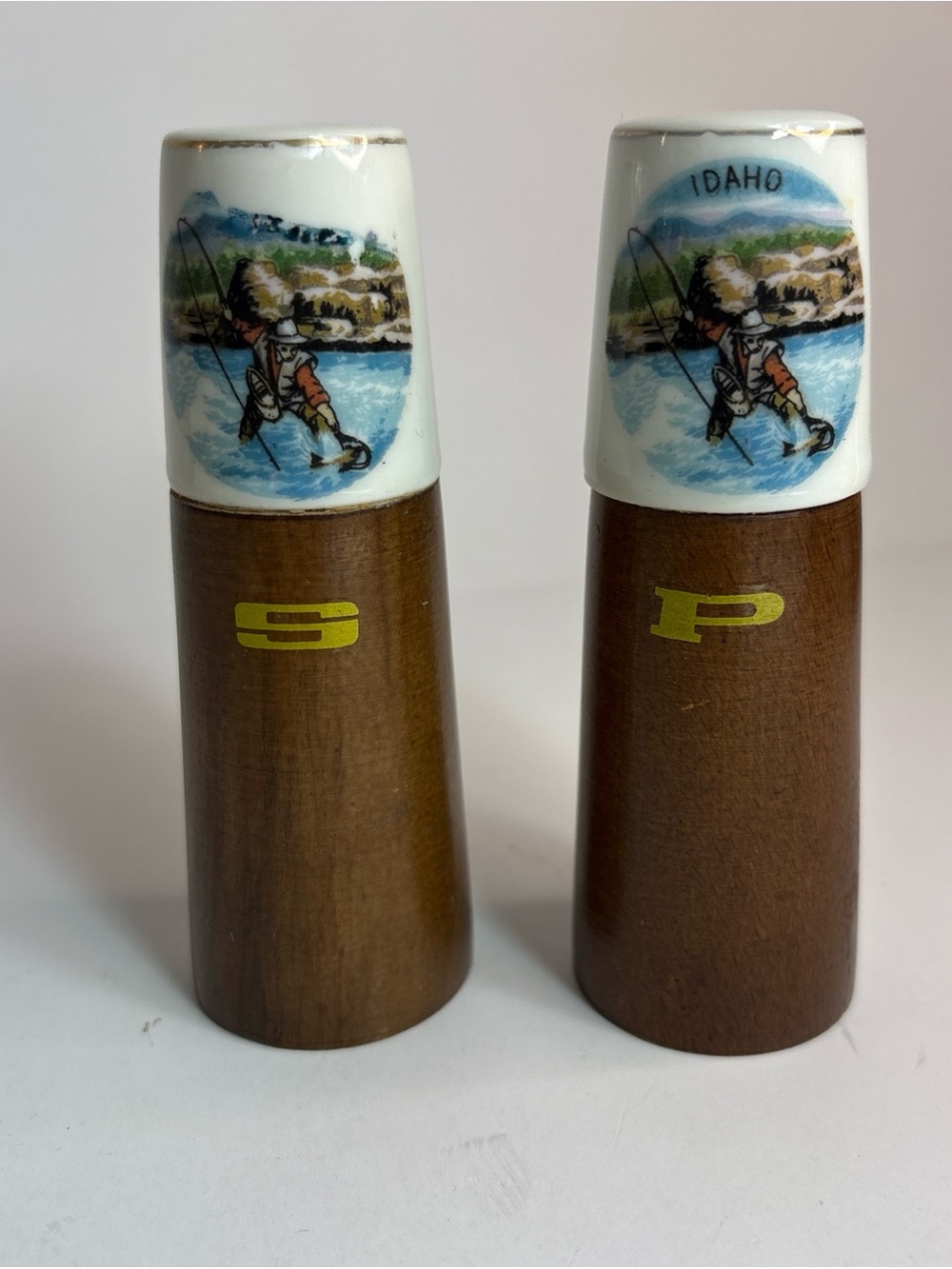 Idaho Fly Fisherman Ceramic & Wood Salt and Pepper Shakers